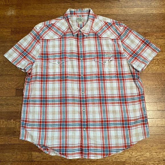 Lucky Brand Plaid Western Snap Shirt Men's XXL Short Sleeve Cotton Linen Blend - Picture 2 of 12